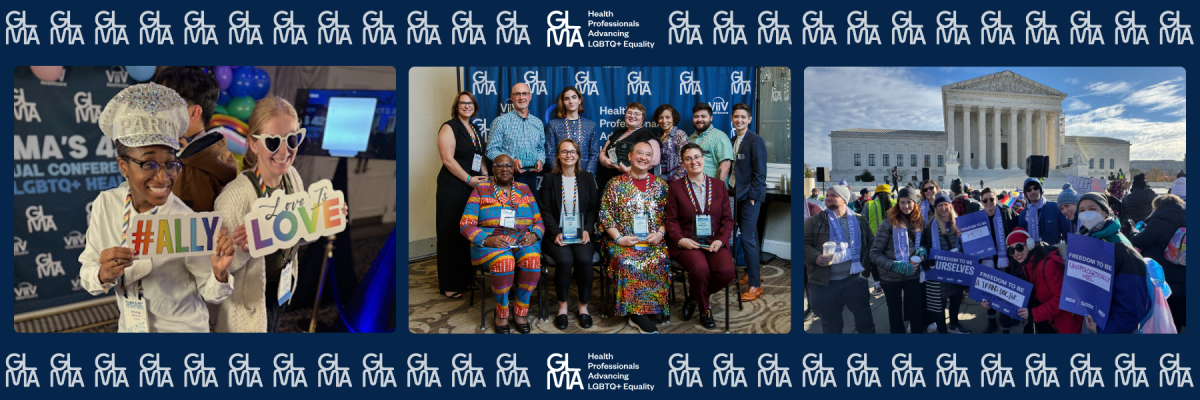 Images from GLMA's 42nd Annual Conference. Left: two individuals pose in a photo zone; Center: Achievement award winners smile for a group photo; Right: protesters pose in front of government building